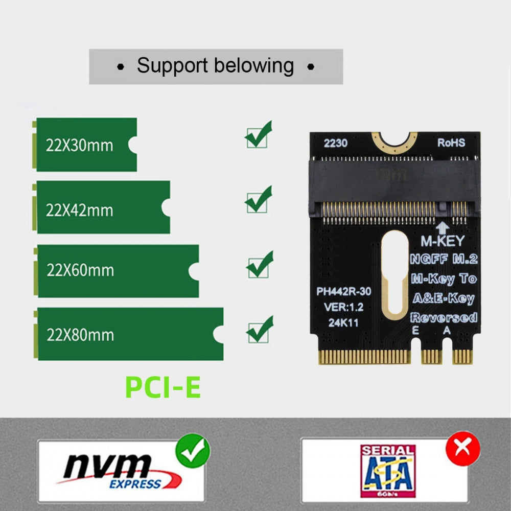 2230 NGFF A+E-Key Male to NVME M-key Female Extension PCI-E 4.0 Adapter with Bracket for Laptop Mainboard SSD 2280