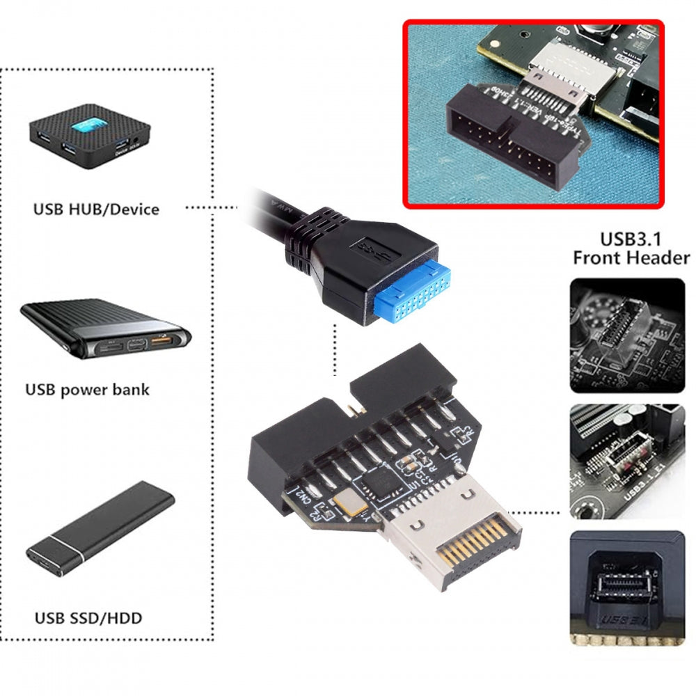 Type-E IDC Socket USB 3.1 Front Panel Header to USB 3.0 20Pin Header Extension Adapter with CH334P for Desktop Motherboard