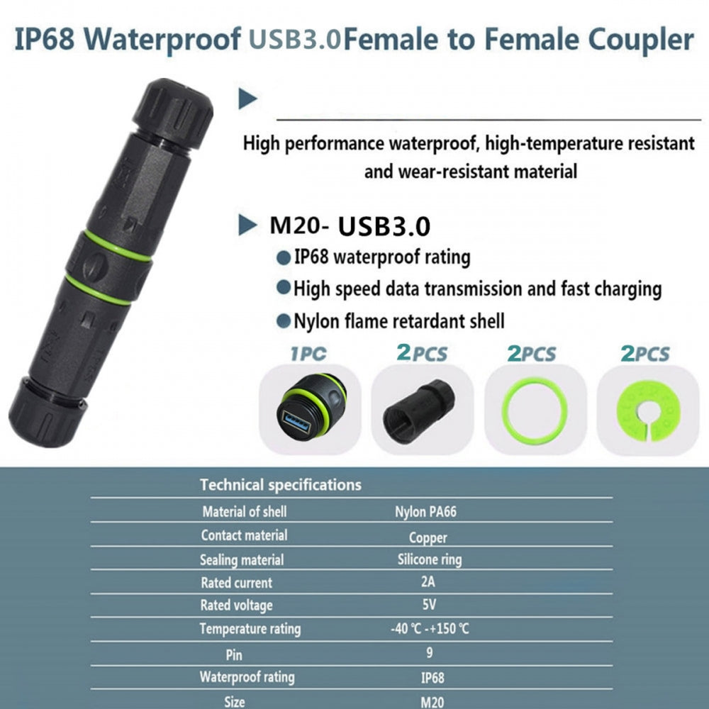 M20 Locking IP68 Waterproof Type-A USB3.0 5Gbps USB-A Female to USB-A Female Extension Adapter Coupler