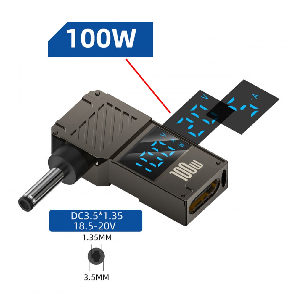 Type-C USB-C Input to DC 3.5x1.35mm Jack Smart LED Display 100W Output Power 20V 5A PD Charge 65W Adapter for Laptop