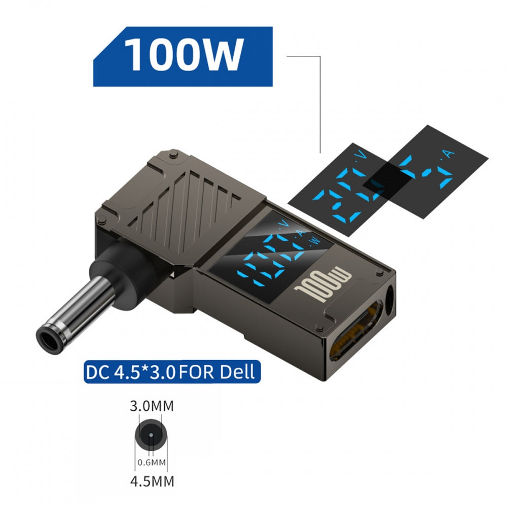 Type-C USB-C Input to DC 4.5x3.0mm Jack Smart LED Display 100W Output Power 20V 5A PD Charge 65W Adapter Compatible with DELLLaptop