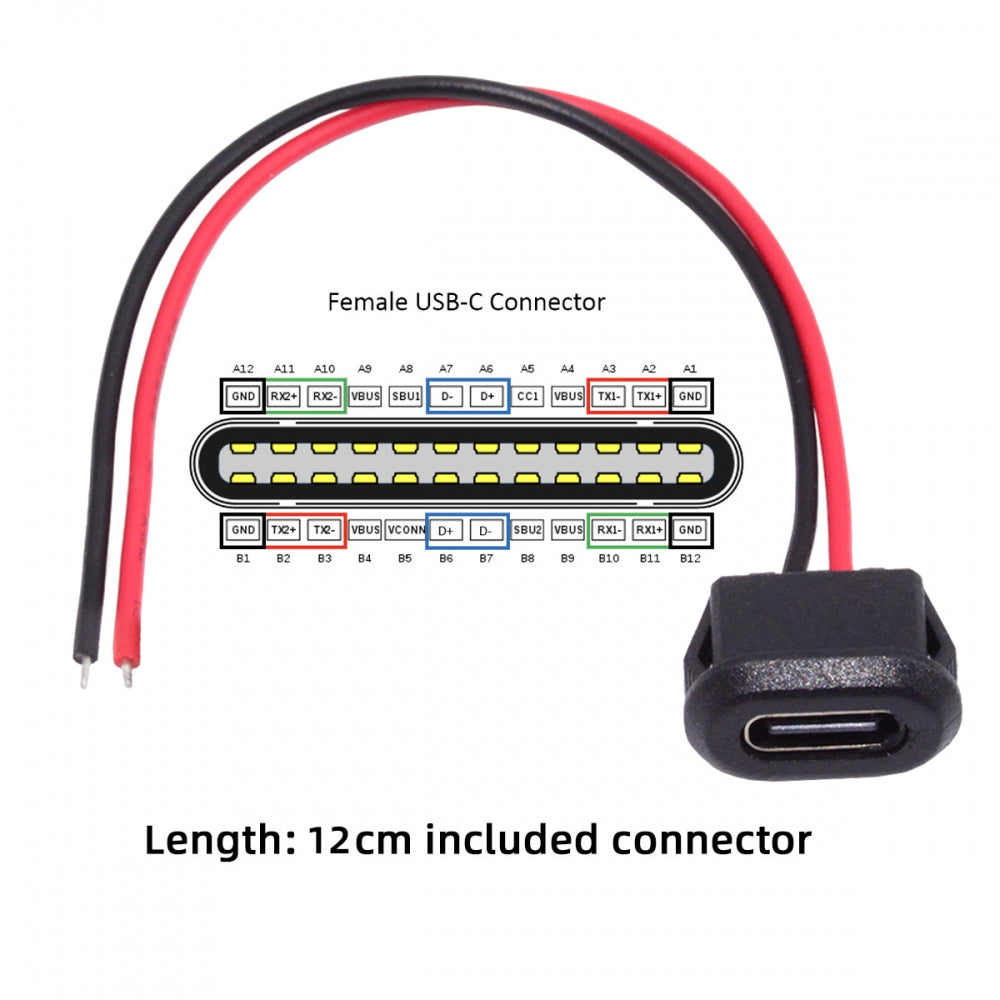 2pcs/set DIY OEM Type-C USB-C Female Socket to 2Pin Open Cable Latch Mount Type DC 5V Power