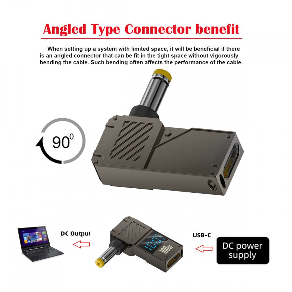 Type-C USB-C Input to DC 7.9x5.4mm Jack Smart LED Display 100W Output Power 20V 5A PD Charge 65W Adapter for Laptop