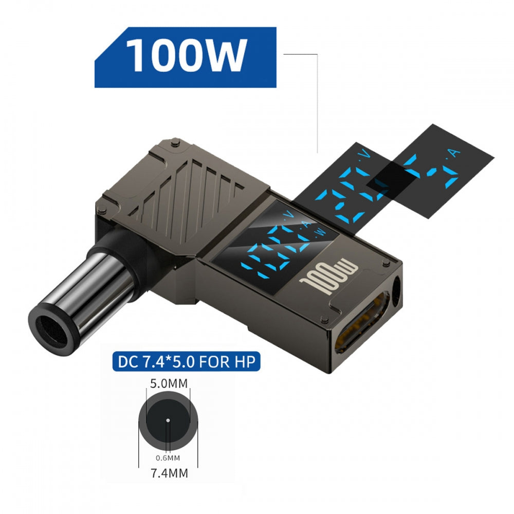Type-C USB-C Input to DC 7.4x5.0mm Jack Smart LED Display 100W Output Power 20V 5A PD Charge 65W Adapter for Laptop