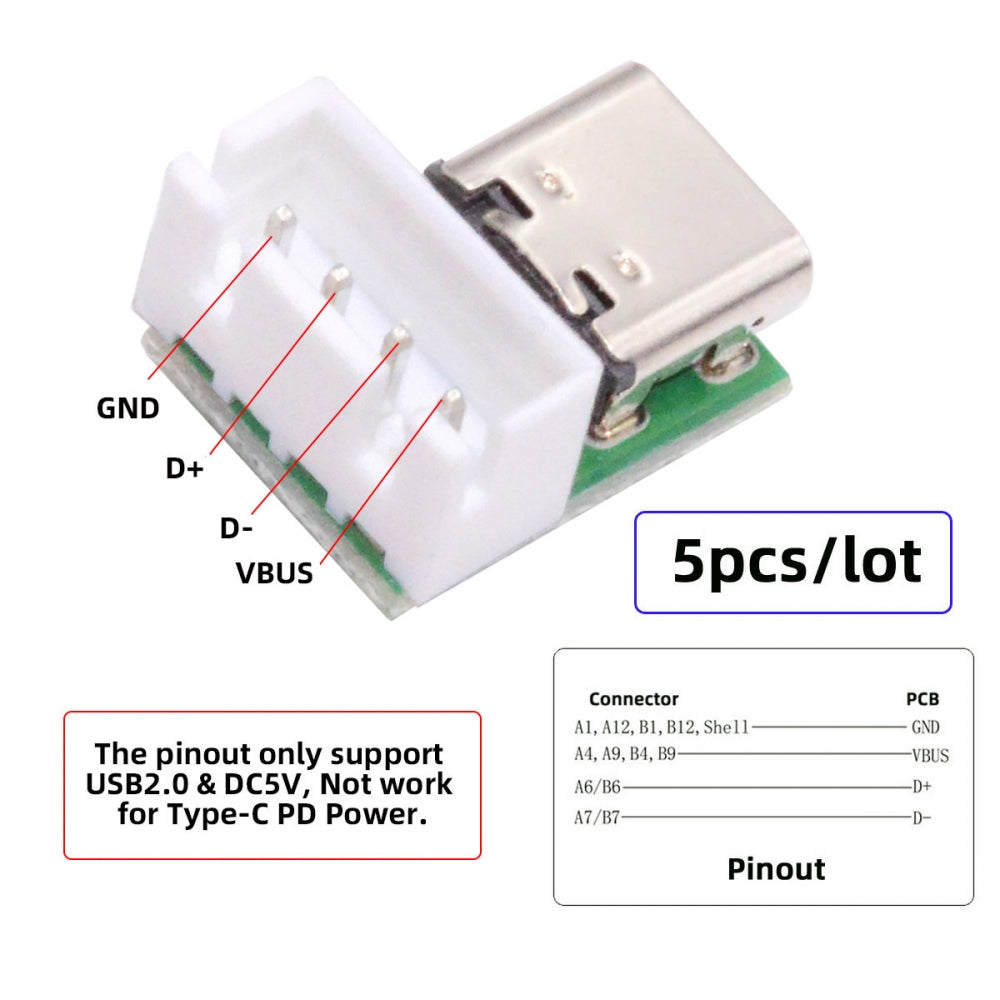 5pcs/set DIY OEM Type C Female Socket Connector to 4Pin Pitch=2.54mm Wafer Socket Vertical USB2.0 Pinout DC 5V Power