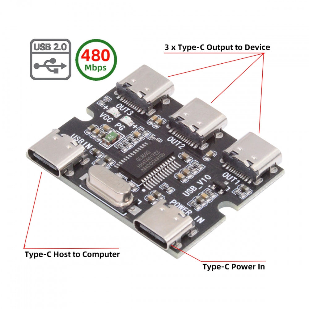 USB-C 2.0 1-to-3 Three Ports HUB PCBA PCs 3 Devices Type-C for Keyboard Mouse Scanner Printer