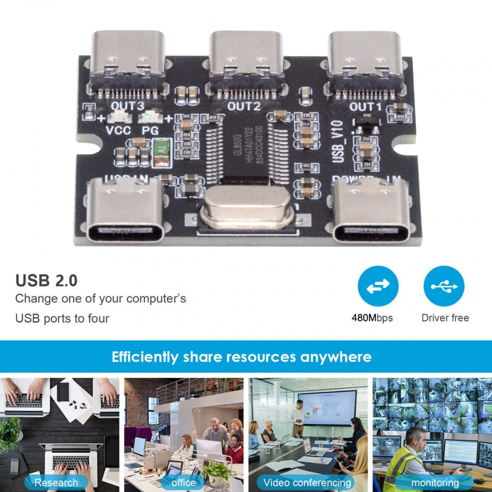 USB-C 2.0 1-to-3 Three Ports HUB PCBA PCs 3 Devices Type-C for Keyboard Mouse Scanner Printer