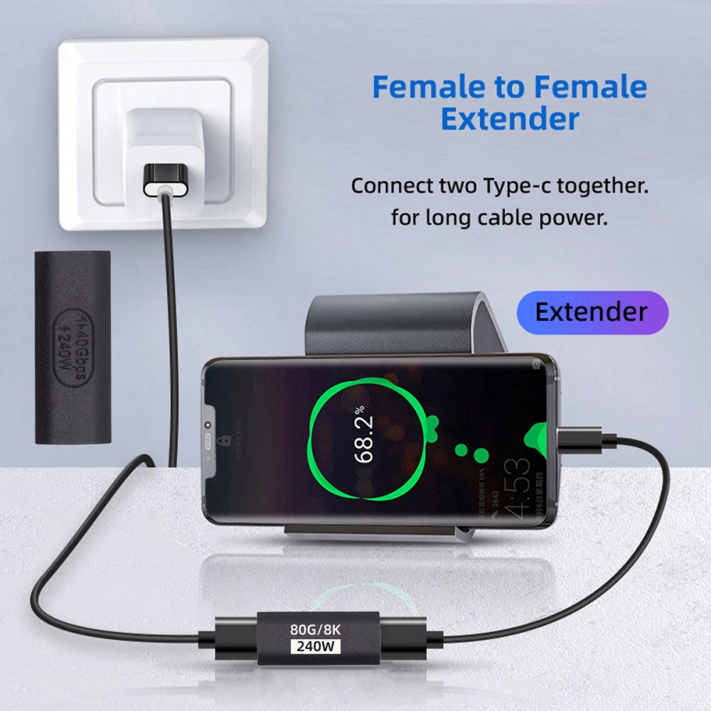USB5.0 80Gbps Female to Female Extension Adapter with 240W 16K 8K 5K Compatible with USB4.0 Thunderbolt3/4/5
