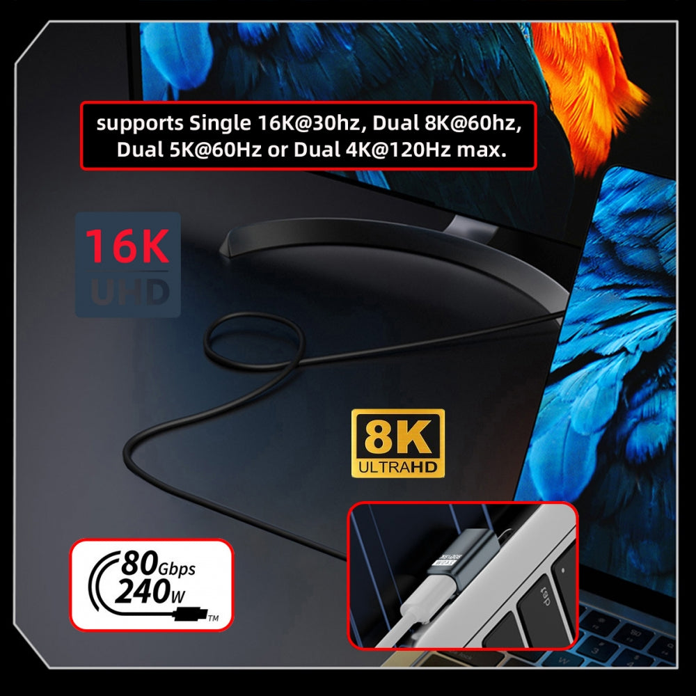 USB5.0 80Gbps Male to Female Extension Adapter  Low Profile Left Right Angled with 240W 16K 8K 5K Compatible with USB4.0 Thunderbolt3/4/5