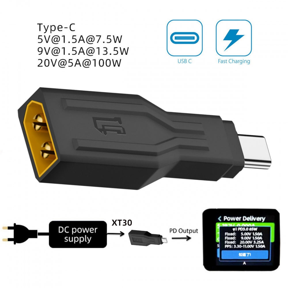 XT30 Male Input SC100 Protocol to Type-C Male Output Fast Charging Adapter for RC Lipo Battery Quadcopter Laptop Phone