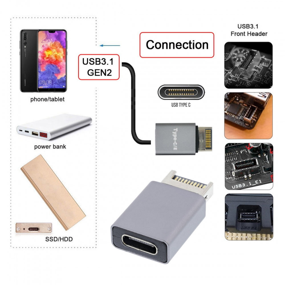 USB 3.1 Front Panel Header Male Type-E to Type-C USB-C Female Motherboard Extension Data Adapter