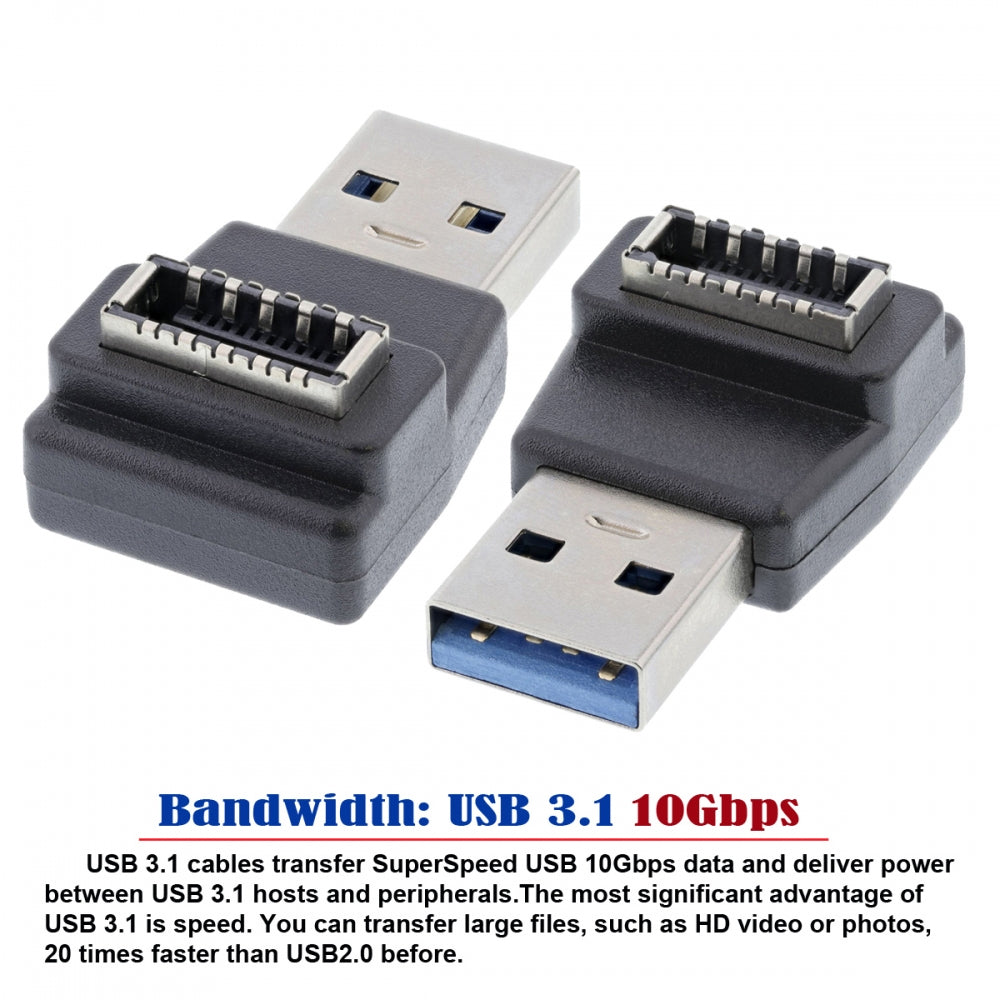 Type-A USB3.0 Male to Type-E USB 3.1 Front Panel Header Female Motherboard Extension Data Adapter 90 Degree Angled