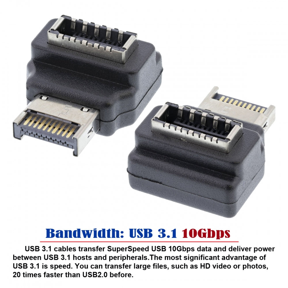 20pin Type-E Male to Type-E USB 3.1 Front Panel Header Female Motherboard Extension Data Adapter 90 Degree Angled