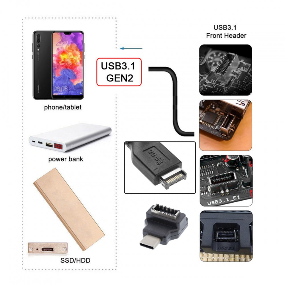 Type-C USB-C Male to Type-E USB 3.1 Front Panel Header Female Motherboard Extension Data Adapter 90 Degree Angled