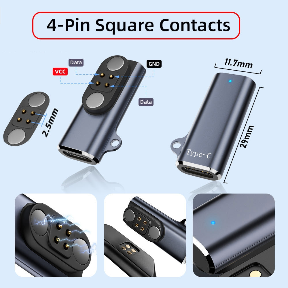 2pcs/lot Magnetic Charging Adapter USB Type-C to Pitch 2.5mm with 4-Pin Terraced Square Contacts Compatible with Bone Conduction Headphone