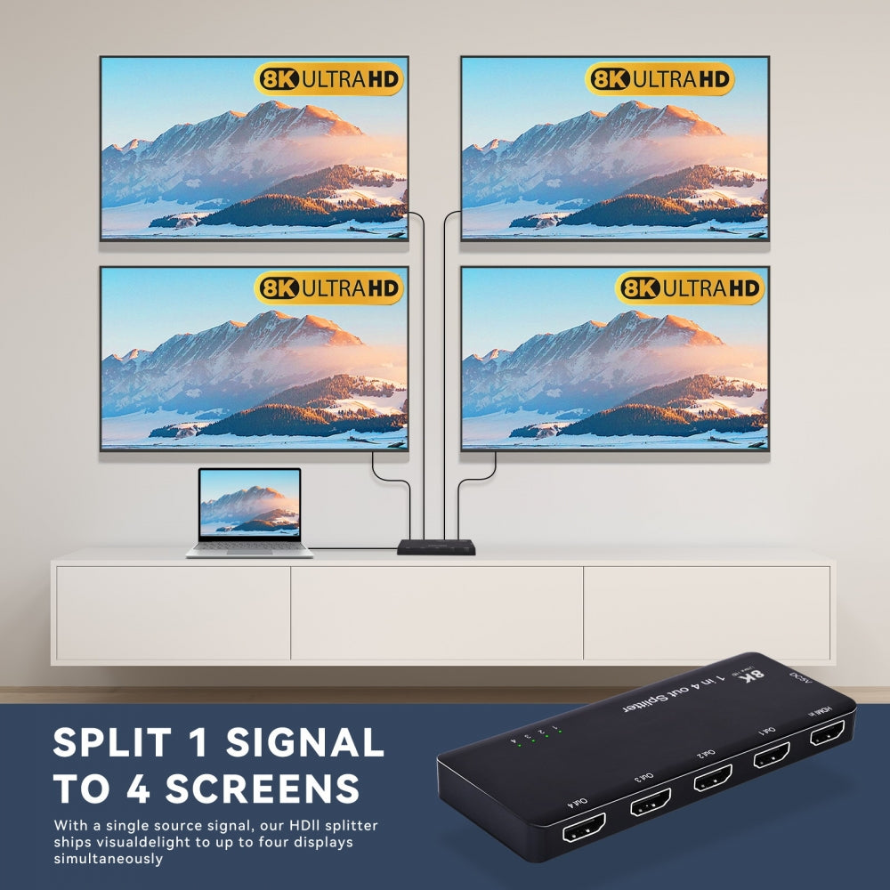 HDMI Splitter 8K 60hz Ultra-HD Converter Compatible 2.1 Switch 1-IN-4-OUT 48Gbps UHD Hub Support HDCP SST Extended 4K@120hz 3.5mm Audio