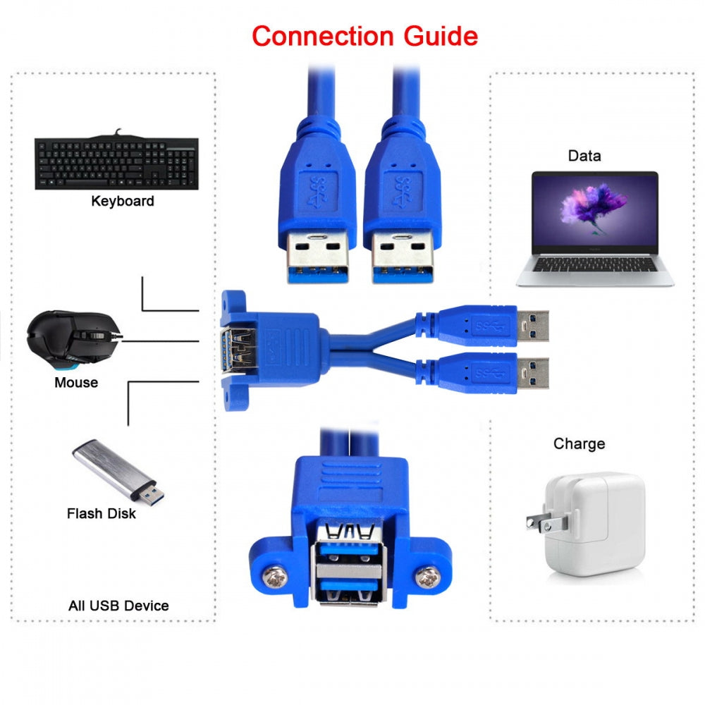Stackable Dual USB 3.0 Male to Female Type-A Panel Type Header Cable Dual Ports 50cm