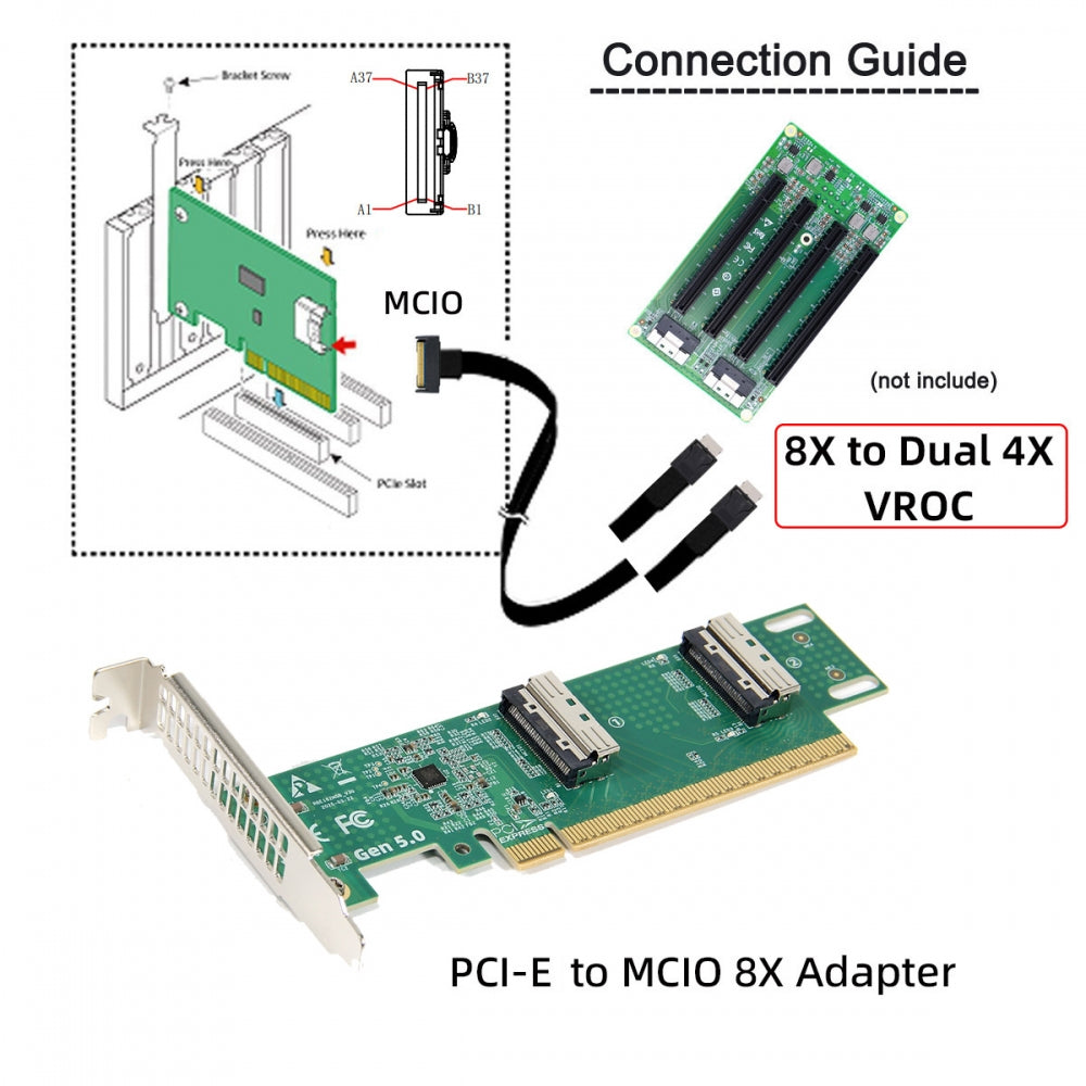 PCIE5.0 PCI-Express 16x to Dual MCIO 8i Mini Cool Edge IO SFF-TA-1016 VROC Virtual RAID Adapter for Mainboard SSD Graphics Card