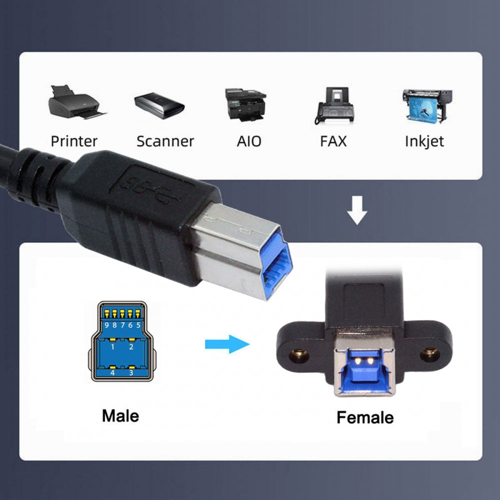 USB 3.0 Type-B Female to USB3.0 Type-B Male Cable Extension 5Gbps for Disk SSD Camera Data 30cm