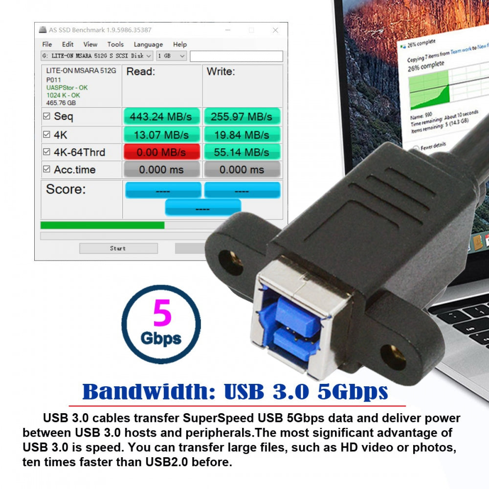 USB 3.0 Type-B Female to USB3.0 Type-C Male Cable Extension 5Gbps for Disk SSD Camera Data 30cm