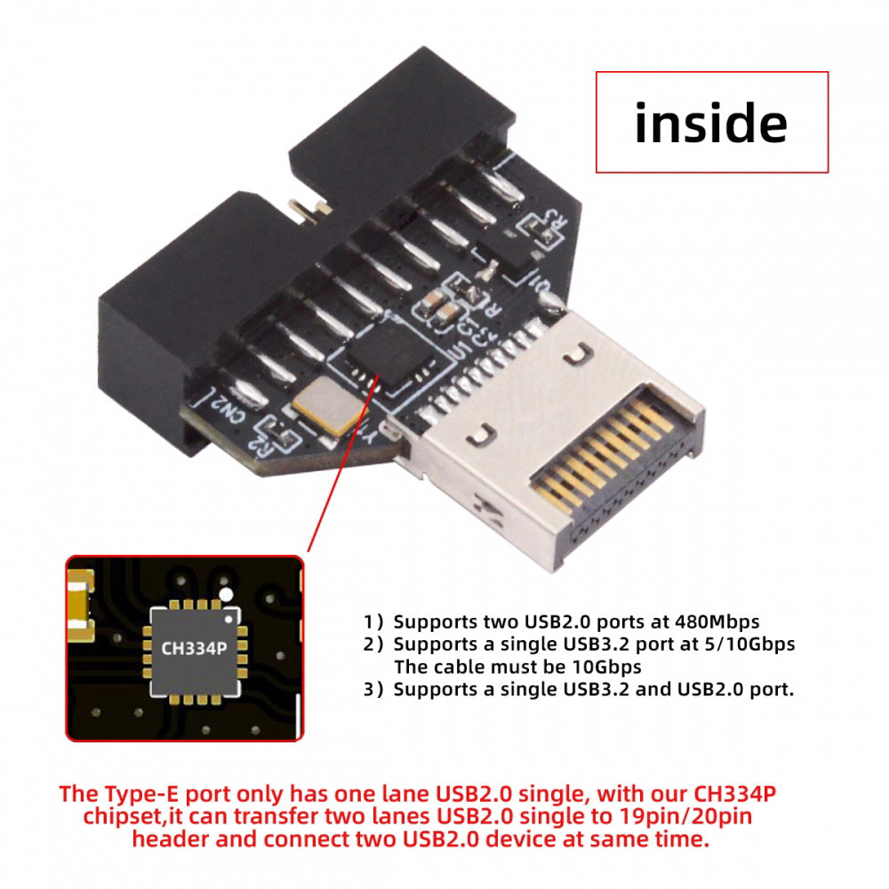 Overmold Type-E IDC Socket USB 3.1 Front Panel Header to USB 3.0 20Pin Header Extension Adapter with CH334P