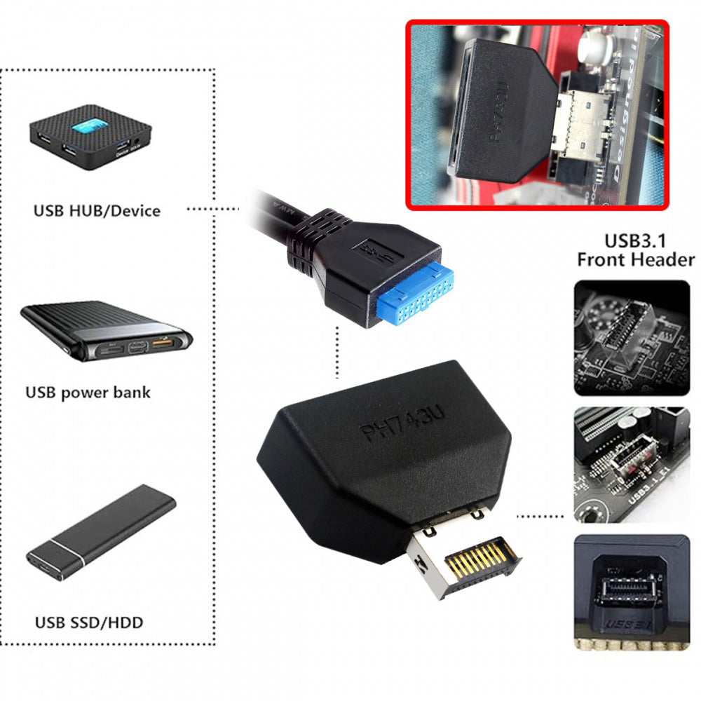 Overmold Type-E IDC Socket USB 3.1 Front Panel Header to USB 3.0 20Pin Header Extension Adapter with CH334P