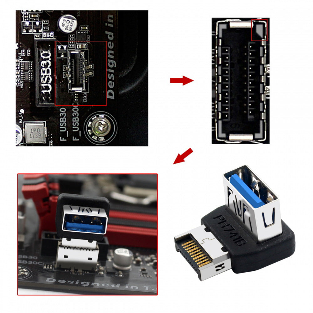 USB 3.1 Front Panel Header Male Type-E to Type-A USB3.0 Female  Data Adapter Down Angled 90 Degree for Motherboard
