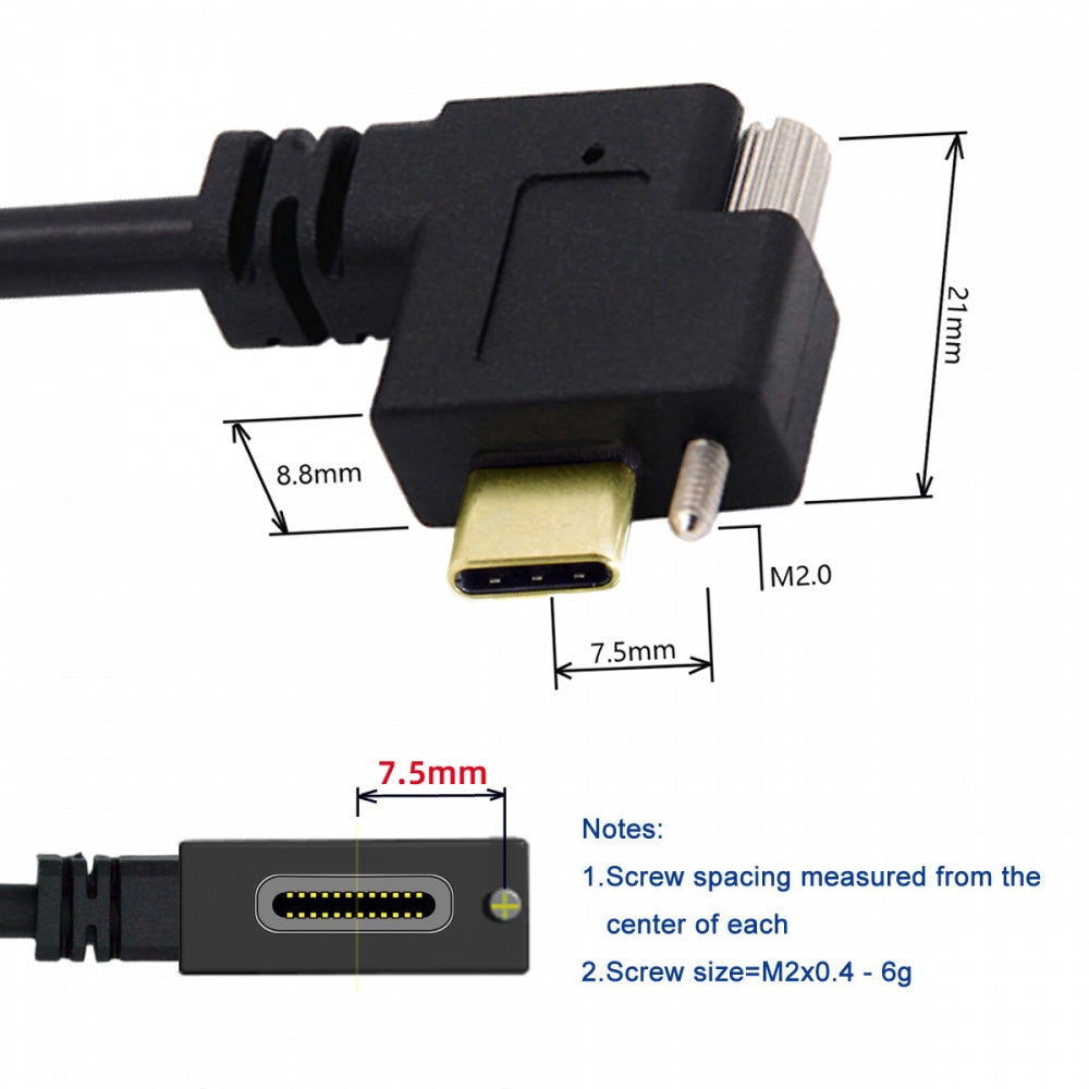 USB 3.1 Type-C Male to Single Thumbscrew Locking USB-C Horizontal 90 Degree Left Right Angled  10Gbps Data Cable Panel Mount Type