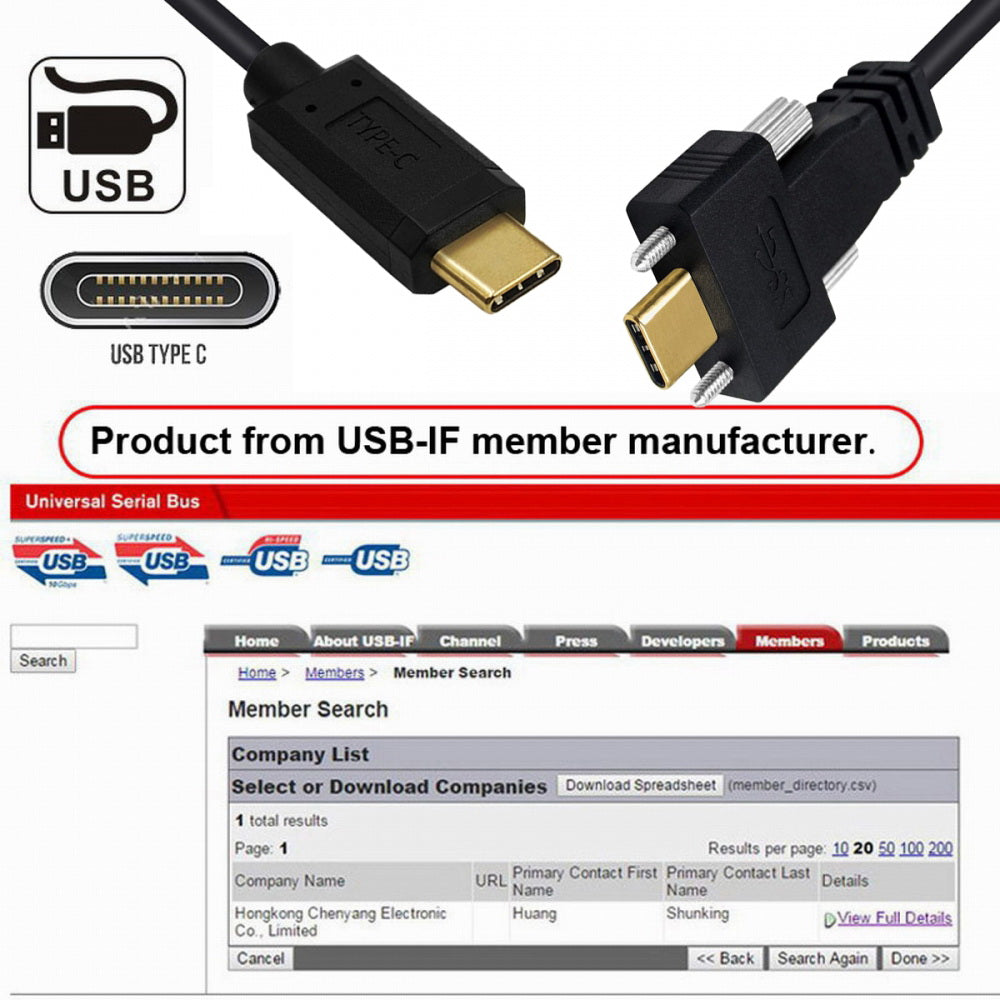 USB 3.1 Type-C Male to Dual Thumbscrew Locking USB-C 10Gbps Data 4K Cable Panel Mount Type
