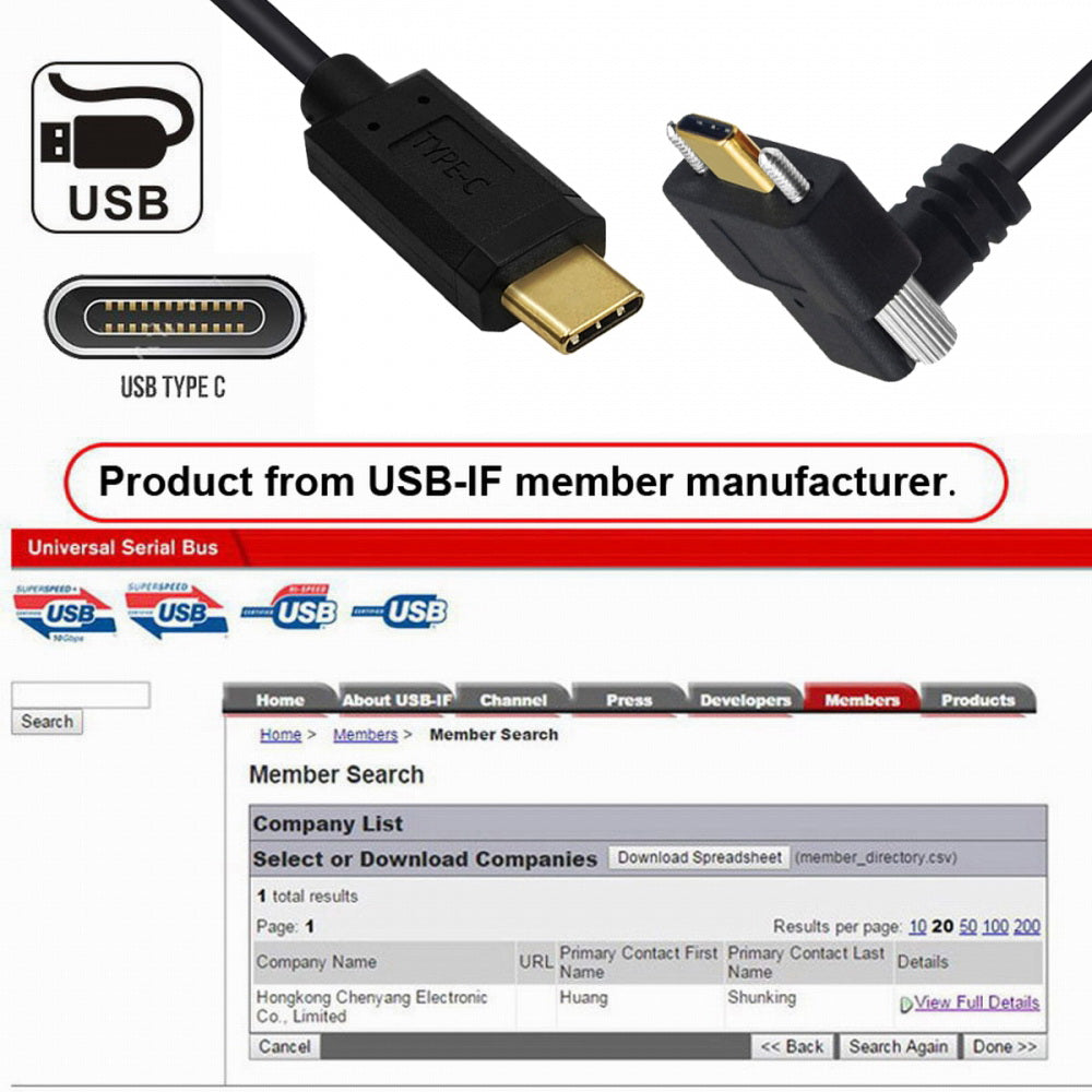 USB3.1 Type-C Male to Dual Thumbscrew Locking USB-C Vertical 90 Degree Up Down Angled 10Gbps Data Cable Panel Mount Type