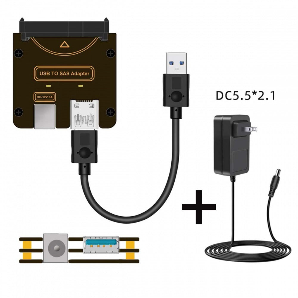 SFF-8482 SAS 29Pin to USB 3.0 5Gbps Hard Disk Drive Raid Adapter with Chipset and Power Port (Need 12V/3A Power Supply)