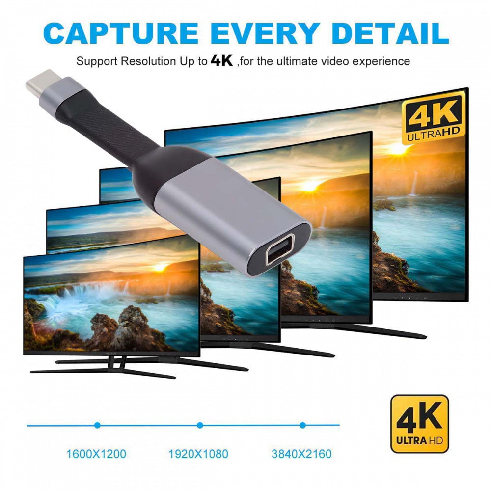 USB-C Type-C Source to Mini DP Displayport 4K 60hz Sink HDTV Adapter Ultra Slim Flat Cable 1080p for Laptop Tablet Phone