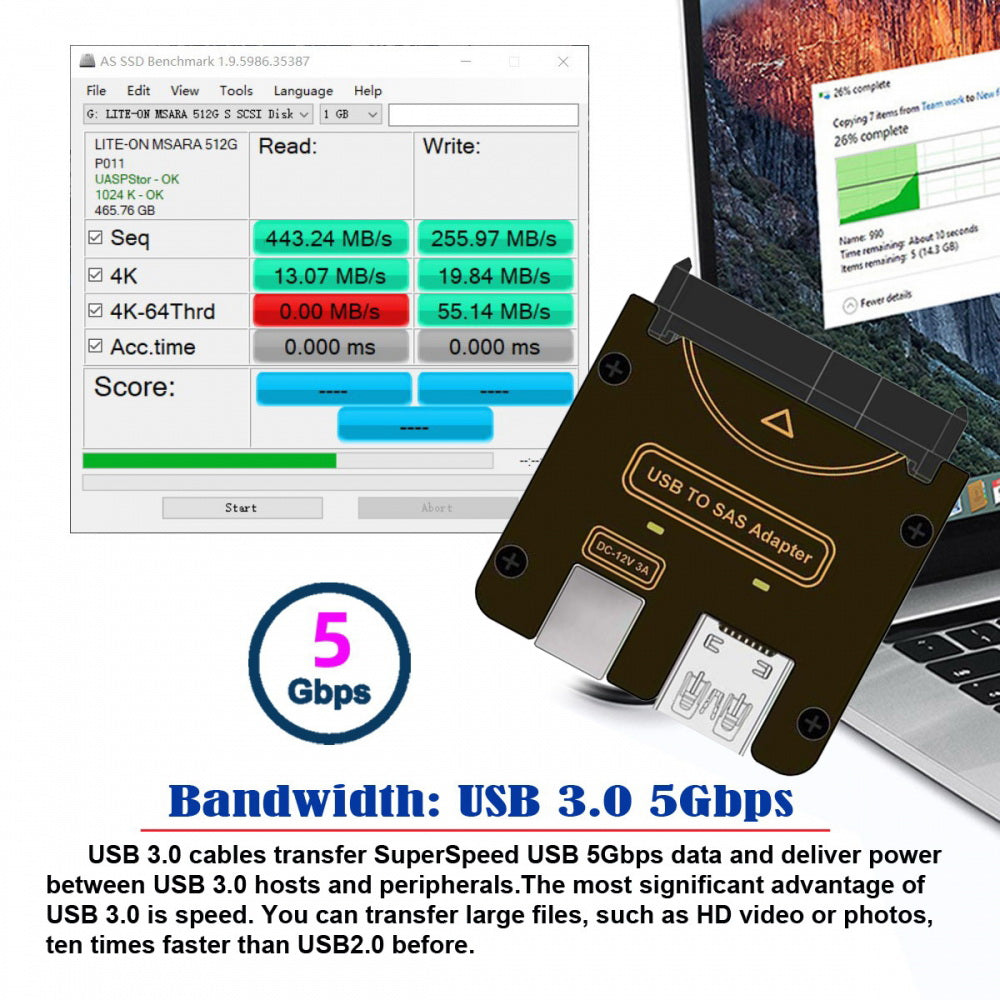 SFF-8482 SAS 29Pin to USB 3.0 5Gbps Hard Disk Drive Raid Adapter with Chipset and Power Port (Need 12V/3A Power Supply)