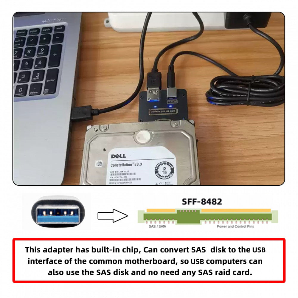 SFF-8482 SAS 29Pin to USB 3.0 5Gbps Hard Disk Drive Raid Adapter with Chipset and Power Port (Need 12V/3A Power Supply)
