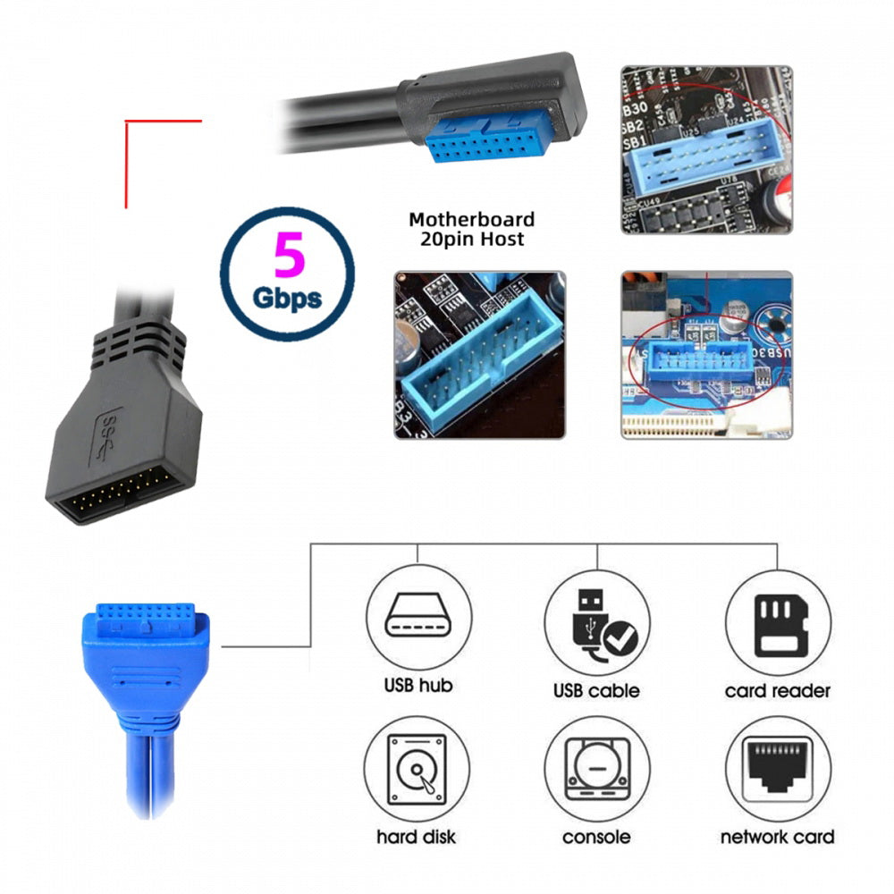 Left Angled USB 3.0 20Pin 19Pin Male Low Profile to Female Extension 5Gbps Cable 90 Degree for Motherboard