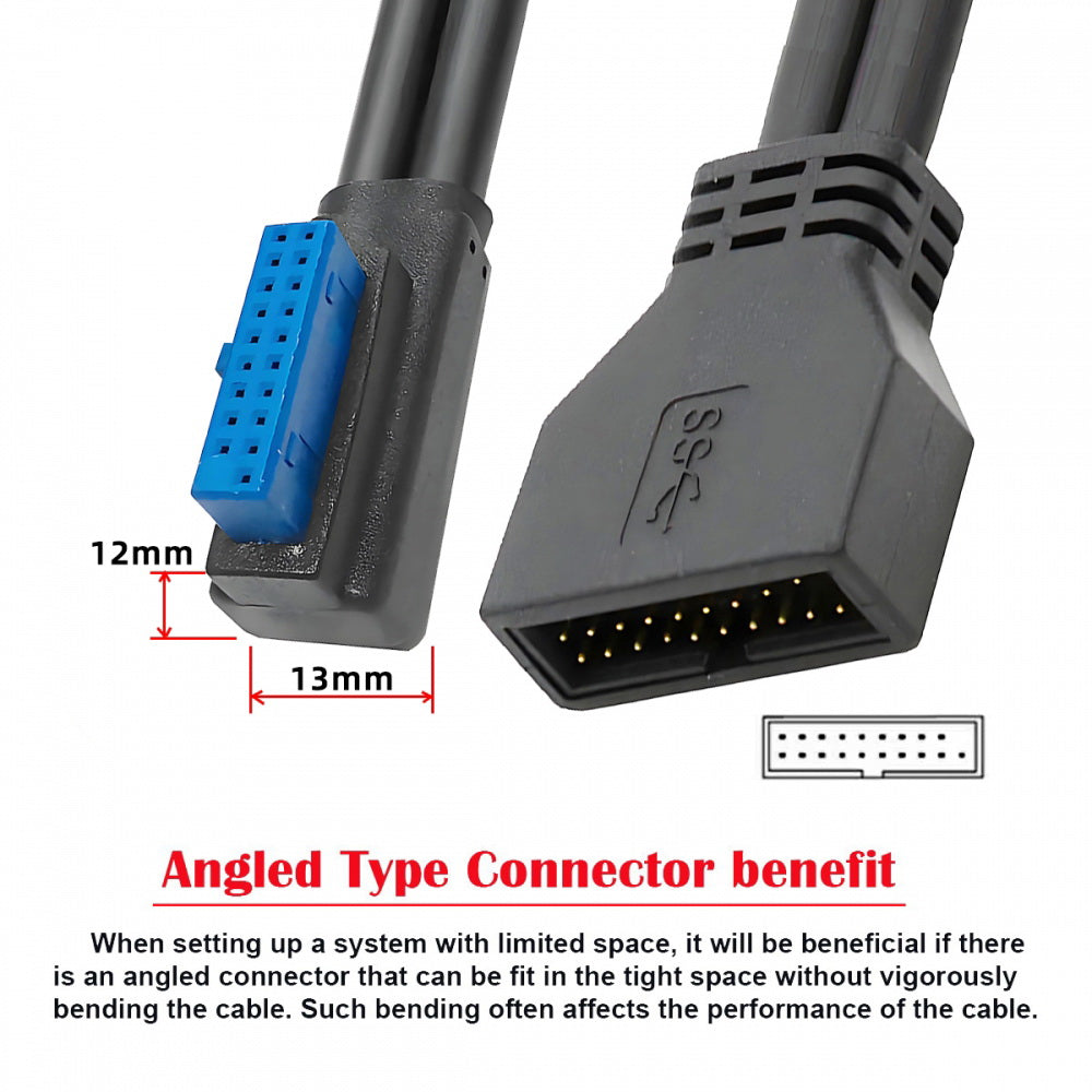 Right Angled USB 3.0 20Pin 19Pin Male Low Profile to Female Extension 5Gbps Cable 90 Degree for Motherboard