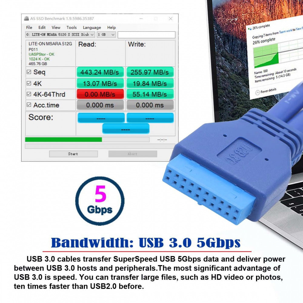 Dual Port USB 3.0 Female Type-A Panel Type to Motherboard 20Pin 19Pin Header Cable 50cm