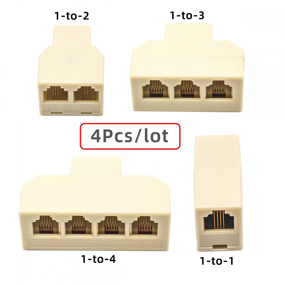 4pcs/lot 1-in-2-out 1-to-3 1-to-4 Way Outlet 6P4C RJ11 RJ12 Telephone Phone Modular Jack Line Splitter Adapter Extender