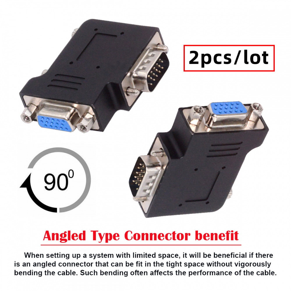 2pcs/lot Left & Right Angled 90 Degree VGA RGB HDB15Pin Screw Type Male to Female Nut Type Extension Adapter for Monitor Displays