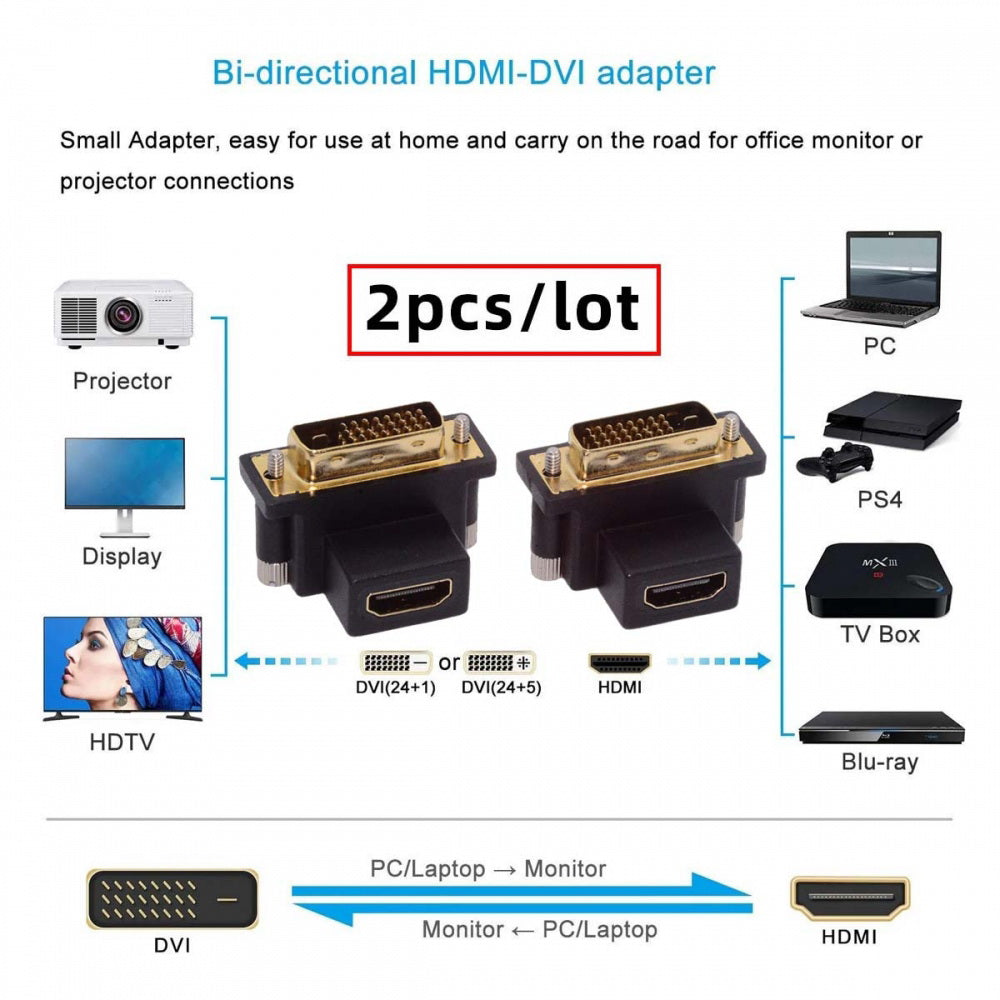2pcs/lot Up & Down Angled 90 Degree DVI Male to HDMI Female 4K Adapter for Computer HDTV Graphics Card