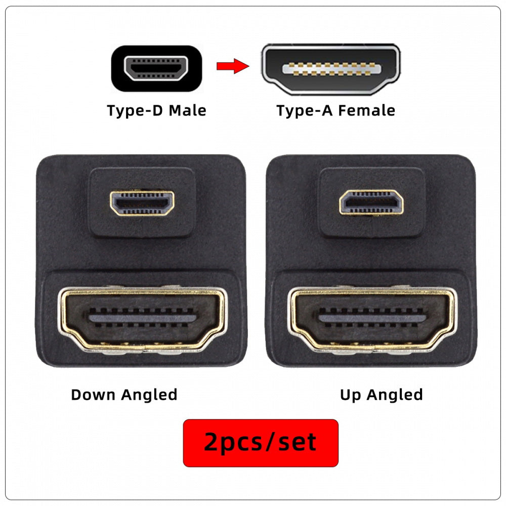 2pcs/lot Up & Down Micro HDMI 1.4 Male Type-D to HDMI Female Port Saver 360 Degree Opposite U Shape Back Angled Extension Adapter