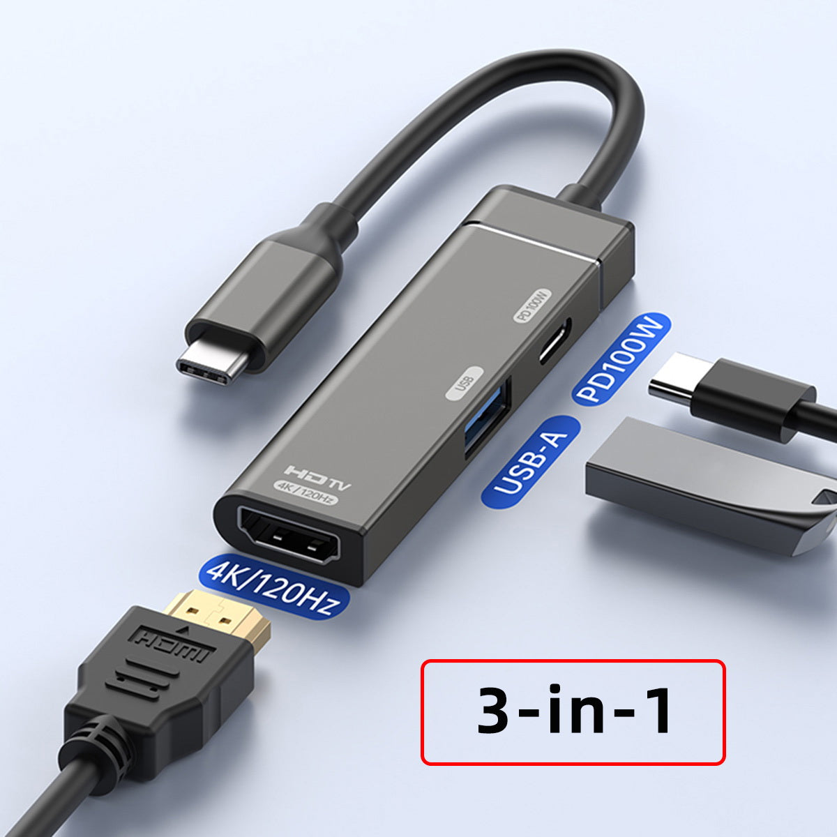 USB-C Type-C to HDMI 4K@120hz USB 3.0 OTG Converter HDTV Multiport Adapter with Female PD 100W Power Port