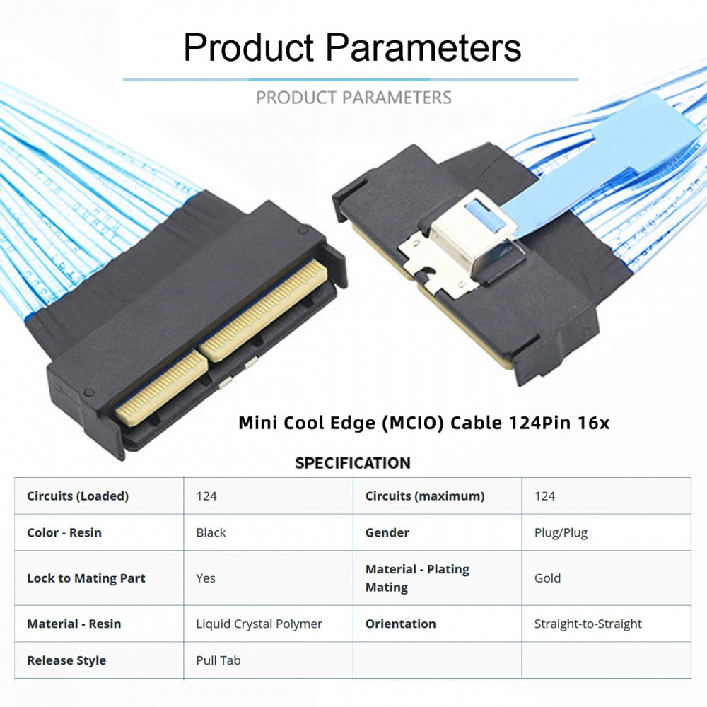 PCI-E 5.0 Mini Cool Edge IO MCIO STR PCI-E 16x 124Pin Male to MCIO 124Pin Male Extender Cable 50cm with Pull Tab