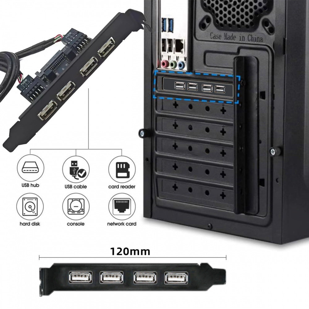 Internal Four USB2.0 Female Mount Panel to Motherboard 9pin Baffle Cable with Extral SATA Power and 12cm Bracket