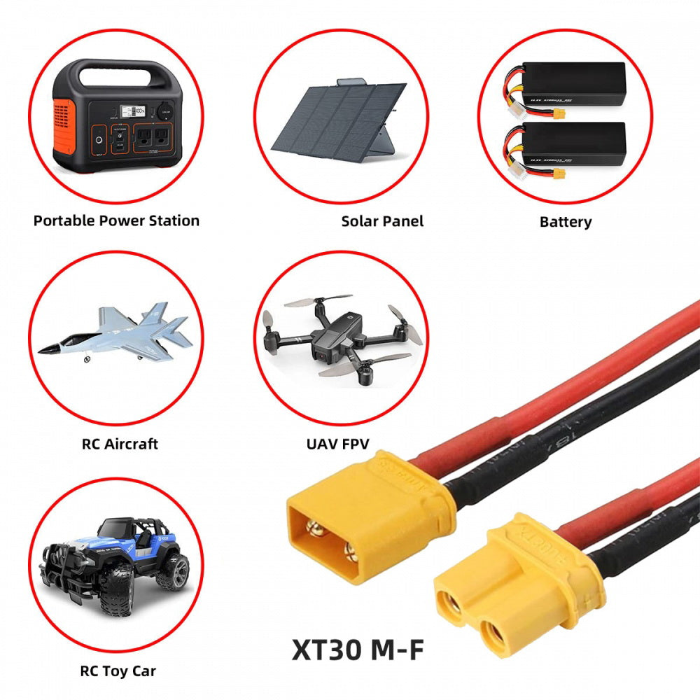 XT30 Female to Male 18AWG Extension Cable Connector for RC Battery Portable Power Station Solar Panel