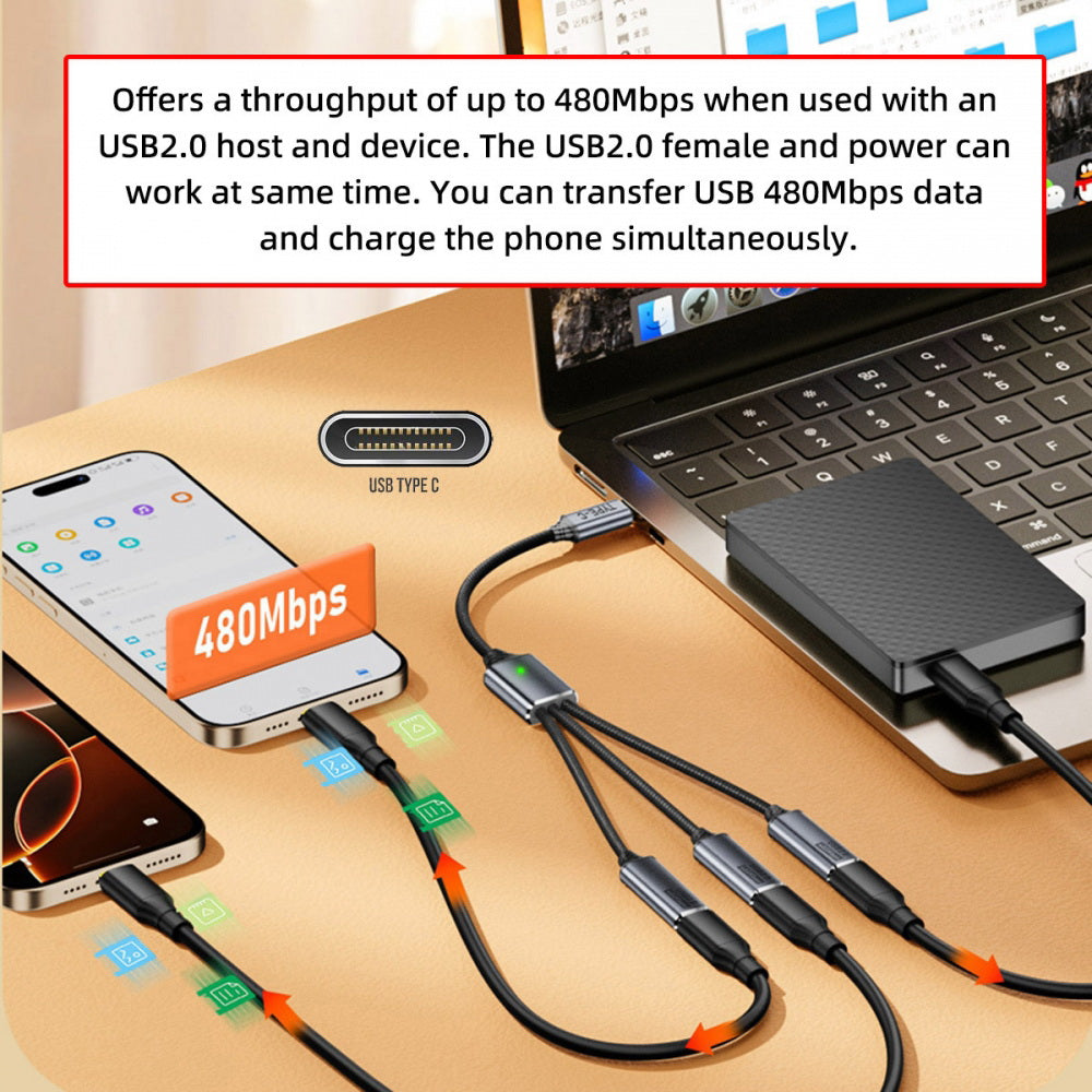 USB 2.0 Type-C USB-C to 3 Ports Hub Cable Bus Power 1 to 3 Data for Laptop Desktop Phone Mouse Keyboard Printer Disk