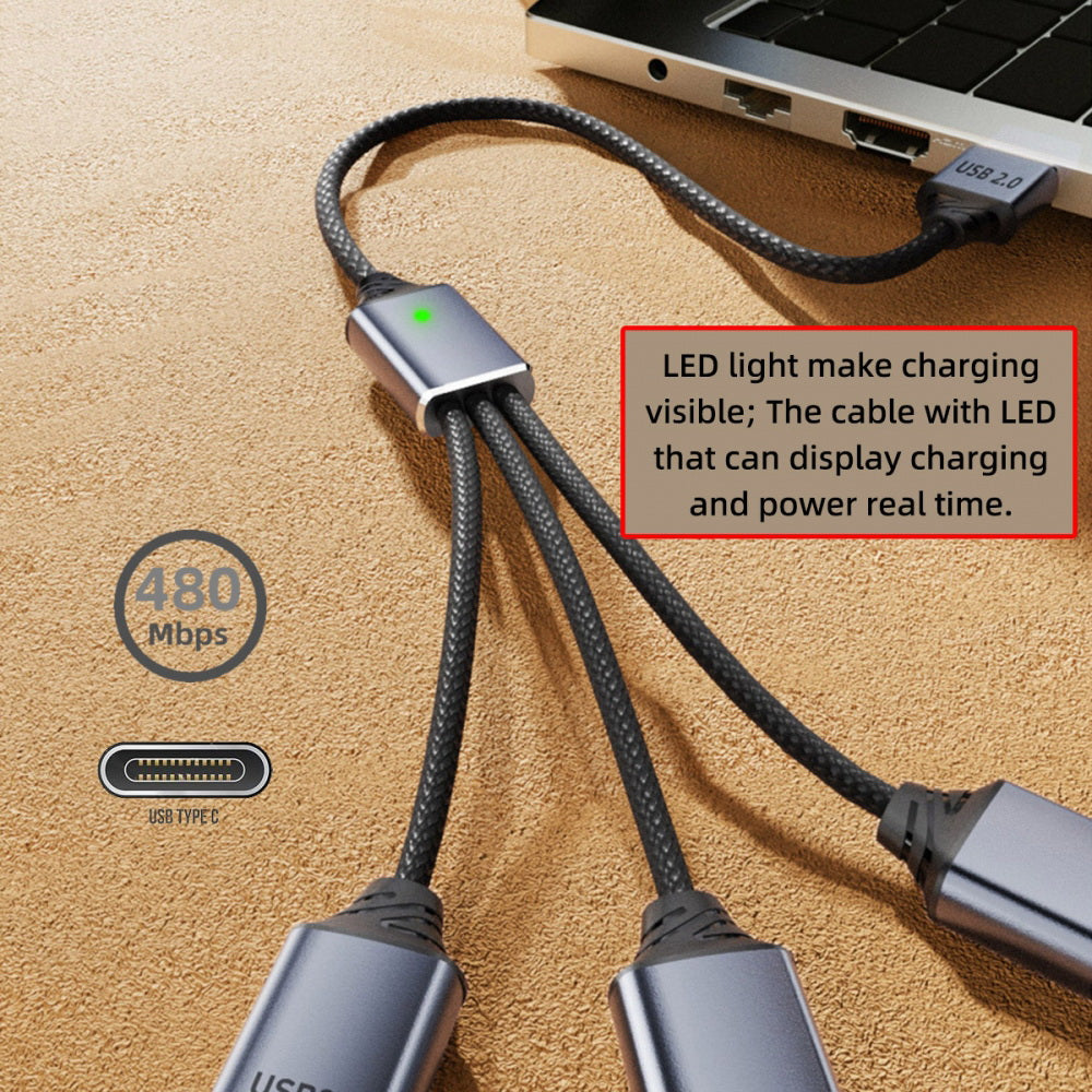 USB 2.0 Type-C USB-C to 3 Ports Hub Cable Bus Power 1 to 3 Data for Laptop Desktop Phone Mouse Keyboard Printer Disk