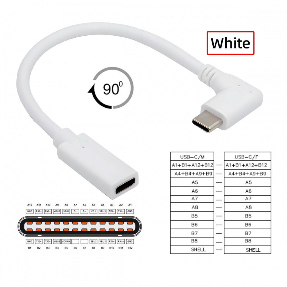 White USB-C Type-C Male to Female Extension Power USB2.0 Data Cable 90 Degree Left Right Angled 65W Fast Charge for Laptop Tablet Phone