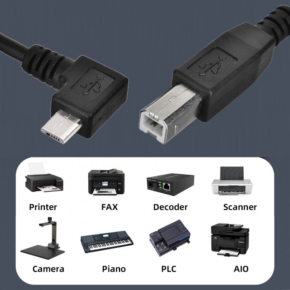 Left Angled 90 Degree Micro USB OTG to Standard B Type Cable for Printer Scanner Disk Lectronic Musical Instrument Midi Keyboard (60cm)