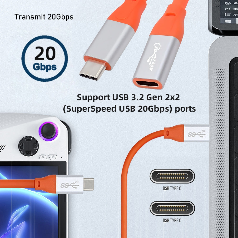 USB3.2 Male to Female Extension Cable 20Gbps Ultra Soft High Flex with 100W and 8K 5K USB4.0 Type-C Compatible with Thunderbolt3/4
